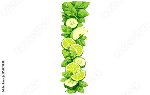 Vertical arrangement of fresh green limes, cucumbers, and mint leaves on white background