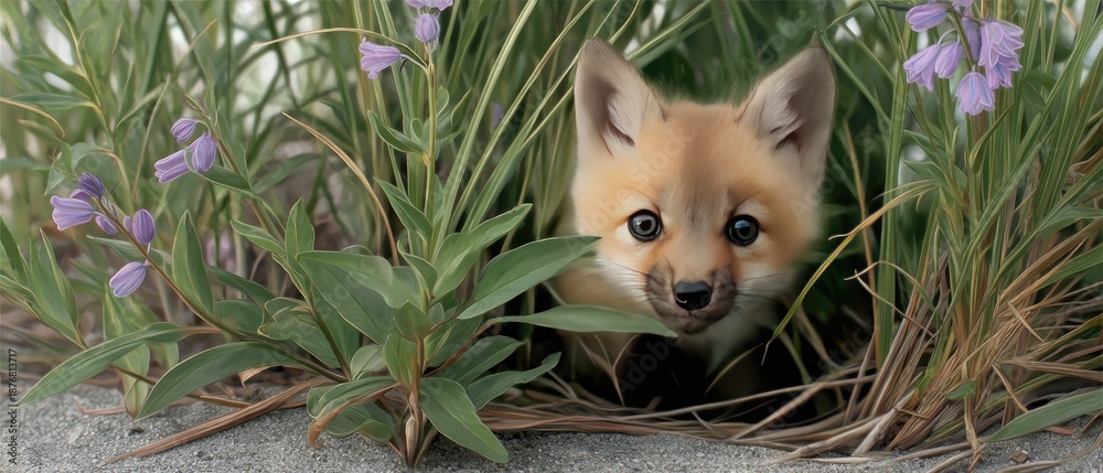 Fototapeta premium Cute fox peeking out from behind bluebells in tall grass on a sunny day in a forest clearing
