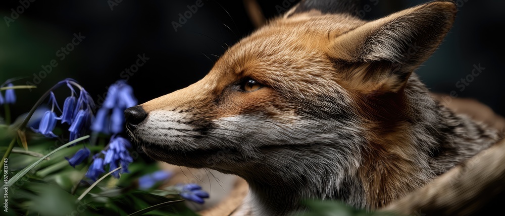 Fototapeta premium Cute fox peeks out from behind bluebells in the grass under soft light on a spring day in a lush green setting