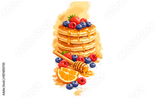 Stack of pancakes with berries, honey, and cinnamon