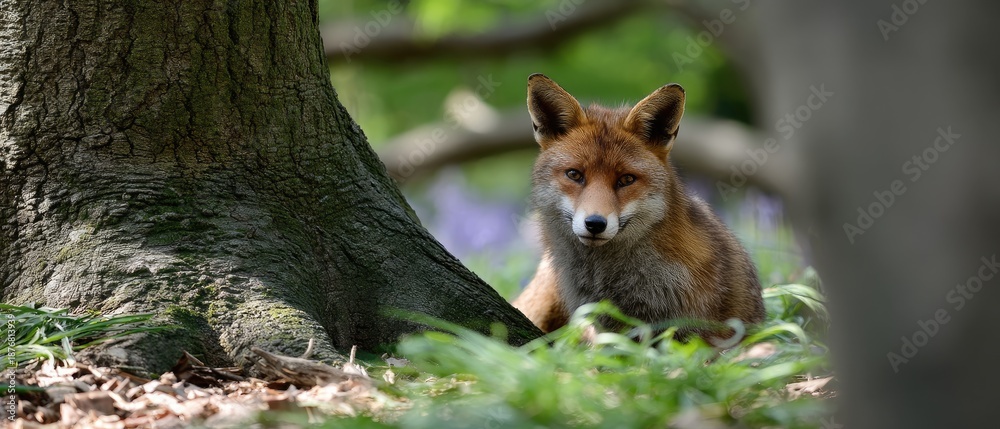 Fototapeta premium Cute fox peeking out from bluebells in green grass during springtime in a natural setting, looking curiously at its surroundings in the forest