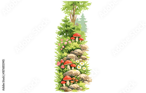 Vibrant forest scene with red mushrooms and lush greenery