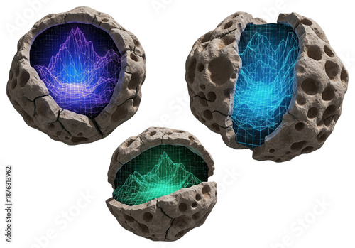 Three hollow asteroids containing glowing digital wireframe landscapes on a transparent background