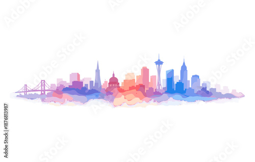 Colorful skyline silhouette with iconic global landmarks