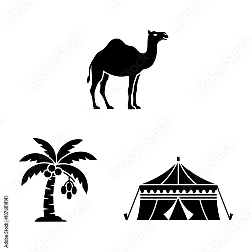 Desert Scene Camel Palm Tree and Tent Three Silhouette Vector Set