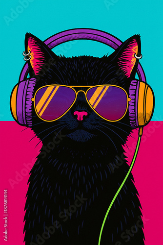 Cat design with headphones and glasses for t-shirt prints, posts, advertisements, and more...