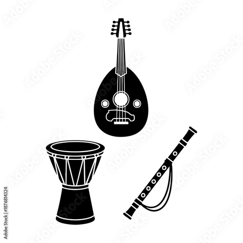 Traditional Arabic Instruments Oud Darbuka and Ney Three Silhouette Set