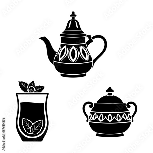 Traditional Tea Time Pot Glass and Sugar Bowl Three Silhouette Set