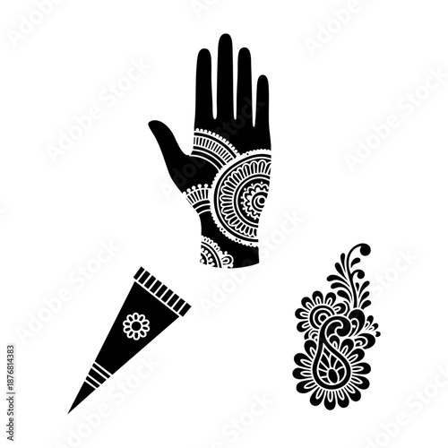 Eid Henna Mehndi Hand Cone and Floral Motif Three Silhouette Set