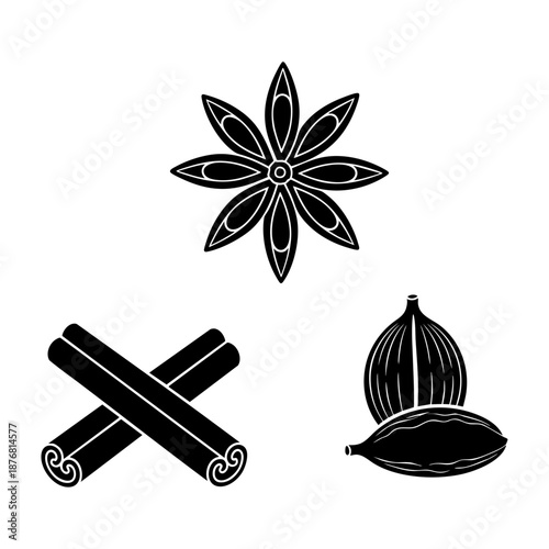 Spices of the East Star Anise Cinnamon and Cardamom Three Silhouette Set