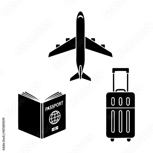 Hajj Travel Essentials Airplane Passport and Suitcase Three Silhouette Set