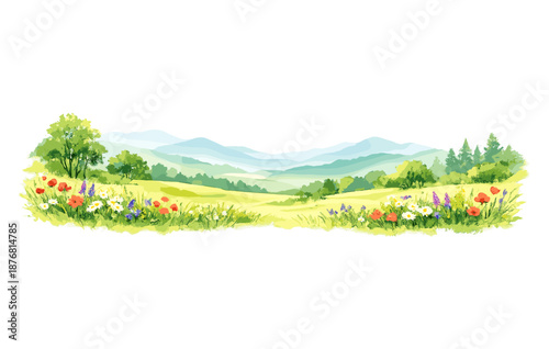 Scenic landscape with colorful flowers and rolling hills in watercolor style