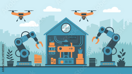 Robotic arms and drones in front of a house with a city skyline, clouds