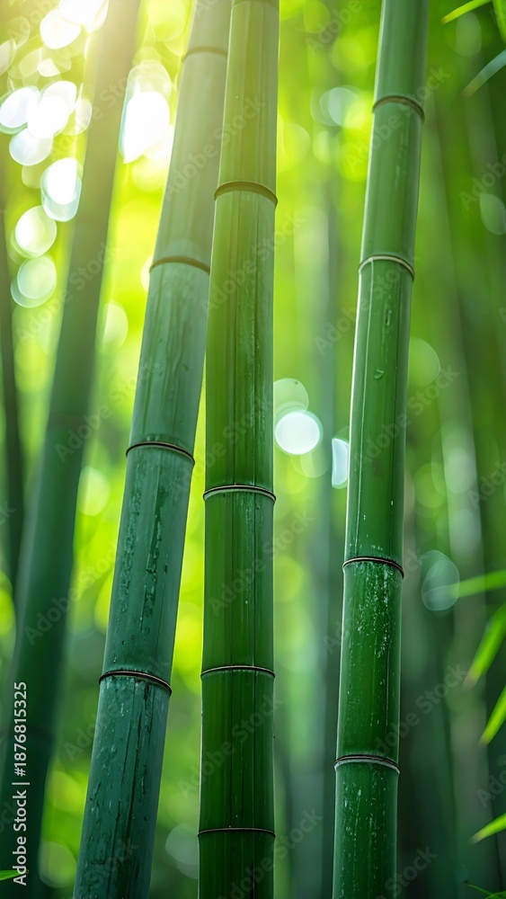 Fototapeta premium Bamboo Forest Sunlight Filtering Through Tall Green Stalks Creating Serene Atmosphere