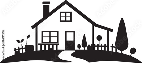 Artistic vector illustration of a cottage house in the woods featuring a silhouette of a tree and elegant architectural roof design as a property symbol