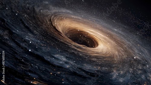 Massive black hole with glowing accretion disk and gravitational lensing effect in deep space surrounded by distant stars