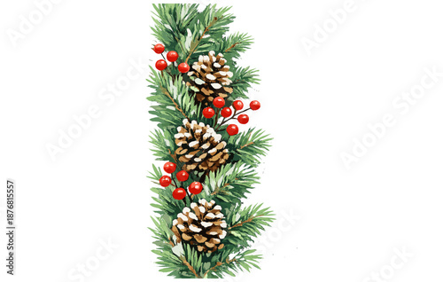 Festive christmas garland with pinecones and berries on evergreen branches