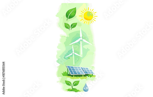 Sustainable energy icons: solar panels, wind turbines, eco-friendly elements