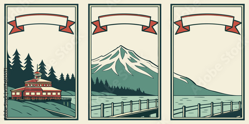 U.S, USA, US, United States - Vintage Mountain & Lake Triptych – Rustic Nature Landscape Illustration, Minimal Scenic Wall Art Decor with Cabin, Forest & Water Views
