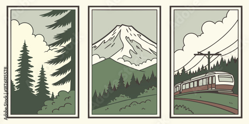 U.S, USA, US, United States - Mountain Forest & Train Triptych – Vintage Scenic Landscape Illustration, Minimal Nature Wall Art Decor with Snowy Peaks, Evergreen Trees & Railway Journey
