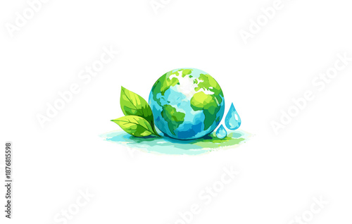 Sustainable earth with leaves and water droplets illustration for environmental awareness