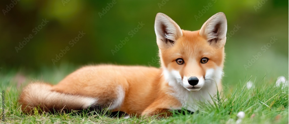 Fototapeta premium Cute fox cub sits in bluebell meadow looking at the camera with green grass and flowers in a natural setting during springtime