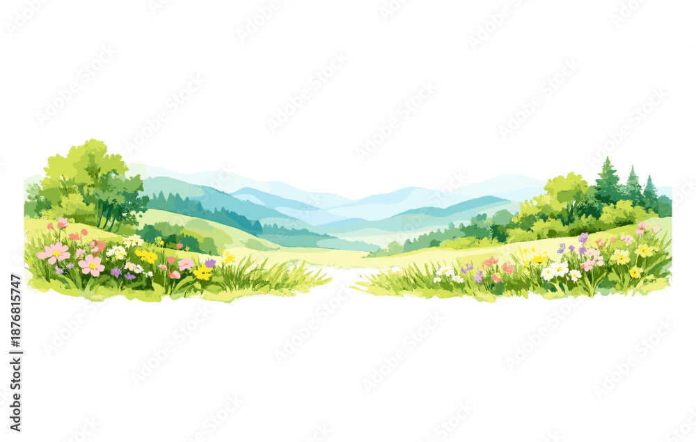 Fototapeta premium Scenic summer landscape with lush greenery and colorful wildflowers