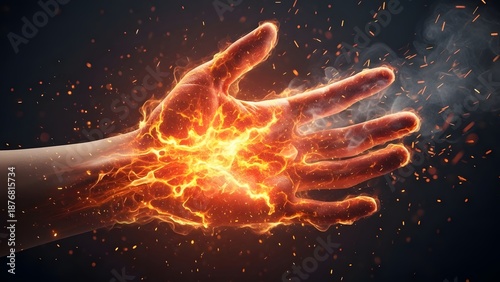 Burning hand sensation and nerve pain visualization. Dermatology and thermal injury concept. Human hand engulfed in fire and sparks representing intense pain or supernatural energy