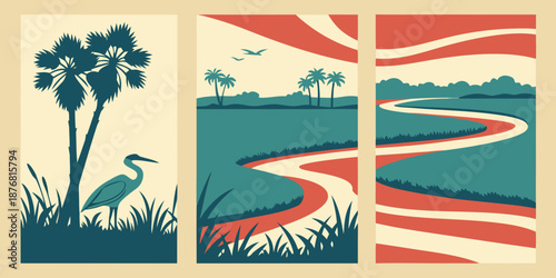 Miami Tropical Sunset Clouds Over Ocean Skyline – Flat Vector | USA US U.S United States Coastal Gradient Illustration