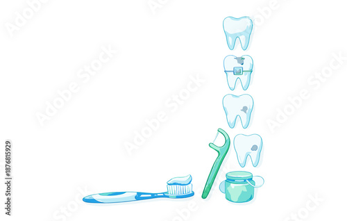 Dental care: toothbrush, toothpaste, flossing tool, and teeth with orthodontic devices