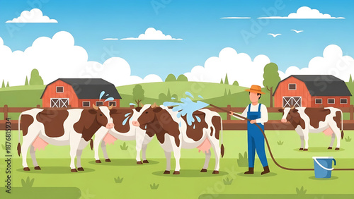 Farmer washing cows in a field with barns in the background on a sunny day