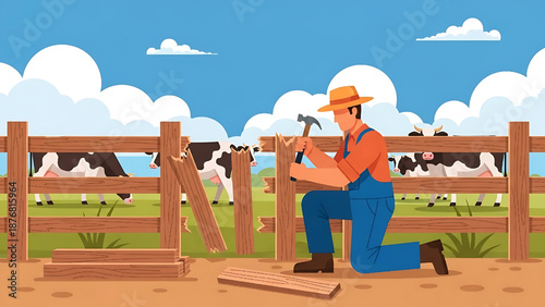 A dedicated farmer mending a broken wooden fence on a rural farm, demonstrating hard work and commitment to farm maintenance and property upkeep on a sunny day