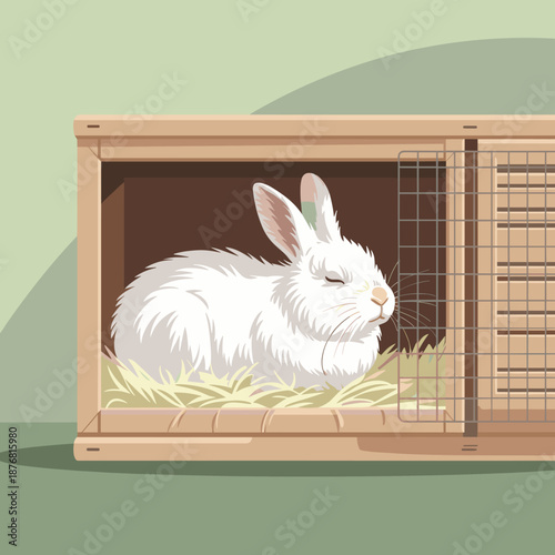Soft white rabbit resting with its eyes closed on a bed of hay inside a wooden hutch with a wire mesh door in a quiet barn.