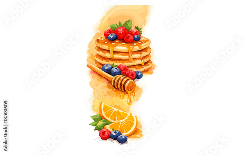 Stack of pancakes with honey drizzle and fresh berries with orange slices