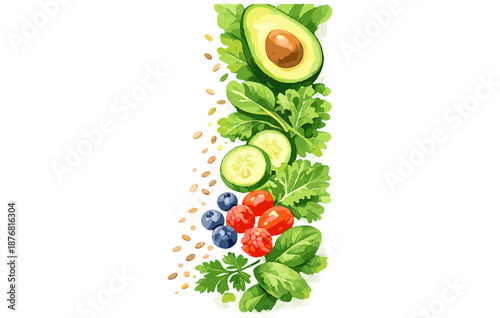 Colorful arrangement of fresh vegetables and berries on white background