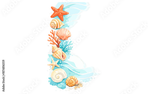 Colorful seashell and coral border with waves on white background