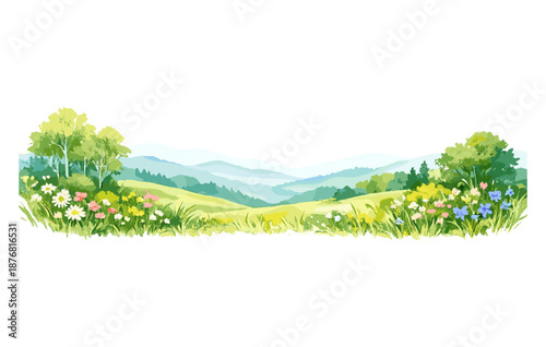 Tranquil summer landscape with colorful wildflowers and rolling hills