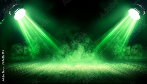 two vibrant green spotlights illuminating a smoky stage perfect for abstract backgrounds product displays or event promotions with a mysterious and dramatic feel