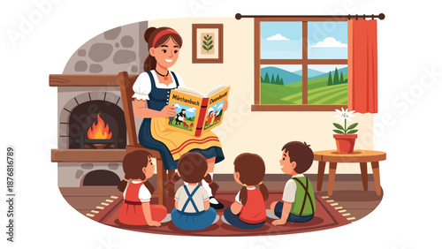 Vector illustration of a German woman reading traditional stories to children at home, cultural storytelling activity and family heritage lifestyle