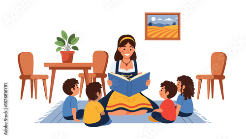 Vector illustration of a German woman reading traditional stories to children at home, cultural storytelling activity and family heritage lifestyle