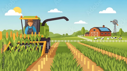 Illustration of a farmer harvesting corn with a combine harvester on a sunny day with farm animals in the background