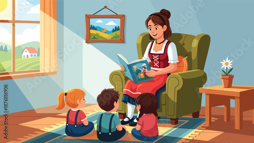 Vector illustration of a German woman reading traditional stories to children at home, cultural storytelling activity and family heritage lifestyle