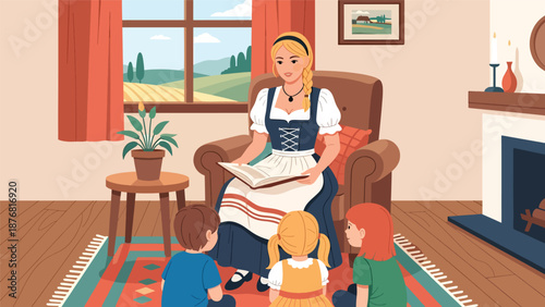 Vector illustration of a German woman reading traditional stories to children at home, cultural storytelling activity and family heritage lifestyle