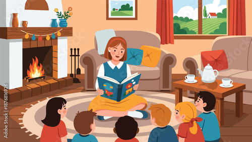 Vector illustration of a German woman reading traditional stories to children at home, cultural storytelling activity and family heritage lifestyle