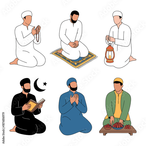 Devout Devotions: Diverse depictions of individuals immersed in prayer and religious rituals, showcasing the spiritual connection and serenity within a sacred context.