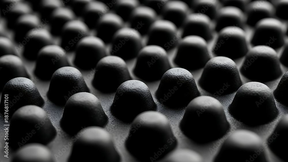 Obraz premium Macro perspective of a gritty, dark, textured surface forming an abstract, repetitive dome pattern in monochrome