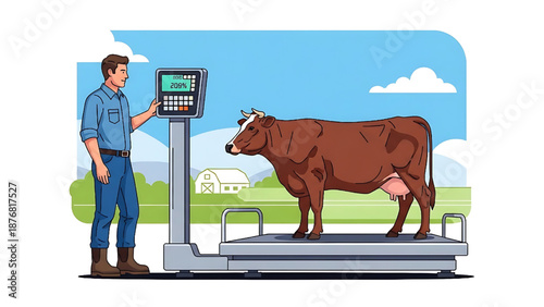 Agricultural worker monitoring the health and growth of a robust brown livestock by accurately weighing it on a modern digital scale in a serene farm setting