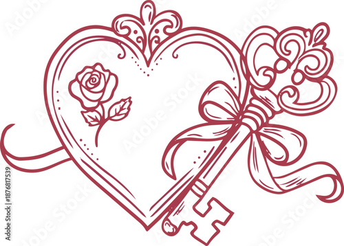 Red heart with a key, rose, and ribbon design for creative projects and crafts