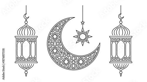 Lunar Elegance: Exquisite vector design featuring crescent moon, lanterns, and a star, symbolizing serenity, and spirituality.