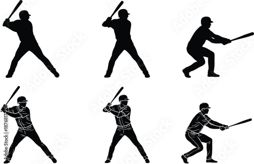 Baseball batting silhouettes set hitter stance swing bunt action sport black vector illustration isolated white background